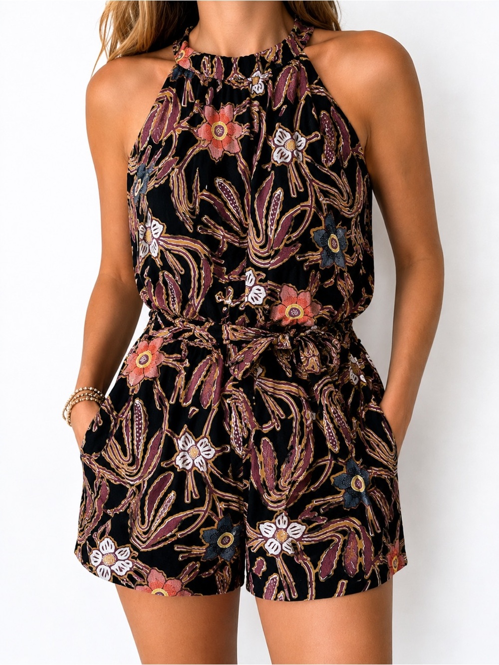 Christian Siriano Floral Halter Romper | Tie Waist | Pockets | Size S